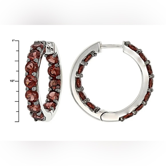 925 Silver Platinum Rhodium Plated Natural Red Garnet Hoop Earrings 6.57 CTW - Picture 5 of 5